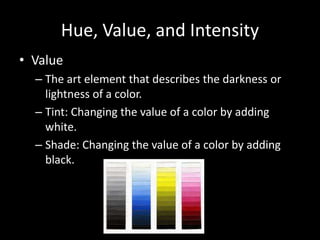 Hue, Value, and Intensity 
• Value 
– The art element that describes the darkness or 
lightness of a color. 
– Tint: Changing the value of a color by adding 
white. 
– Shade: Changing the value of a color by adding 
black. 
 