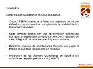 Resultados:
Cuatro diálogo Ciudadanos en salud realizados.
Cada CESFAM cuenta a la fecha con objetivos de trabajo
definidos con la comunidad completando la totalidad de los
territorios comunales.
•  Cada territorio cuenta con una aproximación diagnóstica
que guía el diagnostico participativo año 2013. Equipos de
salud integrando la mirada con enfoque comunitario.
•  Definición comunal de orientaciones técnicas que guían el
trabajo comunitario (documento en revisión).
•  Integración de los Diálogos Ciudadanos en Salud a las
actividades de participación social (meta 7).

 