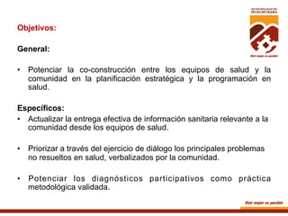 Objetivos:
General:
•  Potenciar la co-construcción entre los equipos de salud y la
comunidad en la planificación estratégica y la programación en
salud.
Específicos:
•  Actualizar la entrega efectiva de información sanitaria relevante a la
comunidad desde los equipos de salud.
•  Priorizar a través del ejercicio de diálogo los principales problemas
no resueltos en salud, verbalizados por la comunidad.
•  Potenciar los diagnósticos participativos como práctica
metodológica validada.

 