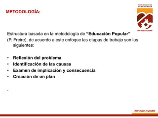 METODOLOGÍA:

Estructura basada en la metodología de “Educación Popular”
(P. Freire), de acuerdo a este enfoque las etapas de trabajo son las
siguientes:
• 
• 
• 
• 
.

Reflexión del problema
Identificación de las causas
Examen de implicación y consecuencia
Creación de un plan

 