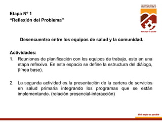 Etapa Nº 1
“Reflexión del Problema”

Desencuentro entre los equipos de salud y la comunidad.
Actividades:
1.  Reuniones de planificación con los equipos de trabajo, esto en una
etapa reflexiva. En este espacio se define la estructura del diálogo,
(línea base).
2.  La segunda actividad es la presentación de la cartera de servicios
en salud primaria integrando los programas que se están
implementando. (relación presencial-interacción)

 