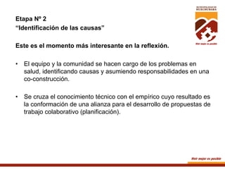 Etapa Nº 2
“Identificación de las causas”
Este es el momento más interesante en la reflexión.
•  El equipo y la comunidad se hacen cargo de los problemas en
salud, identificando causas y asumiendo responsabilidades en una
co-construcción.
•  Se cruza el conocimiento técnico con el empírico cuyo resultado es
la conformación de una alianza para el desarrollo de propuestas de
trabajo colaborativo (planificación).

 