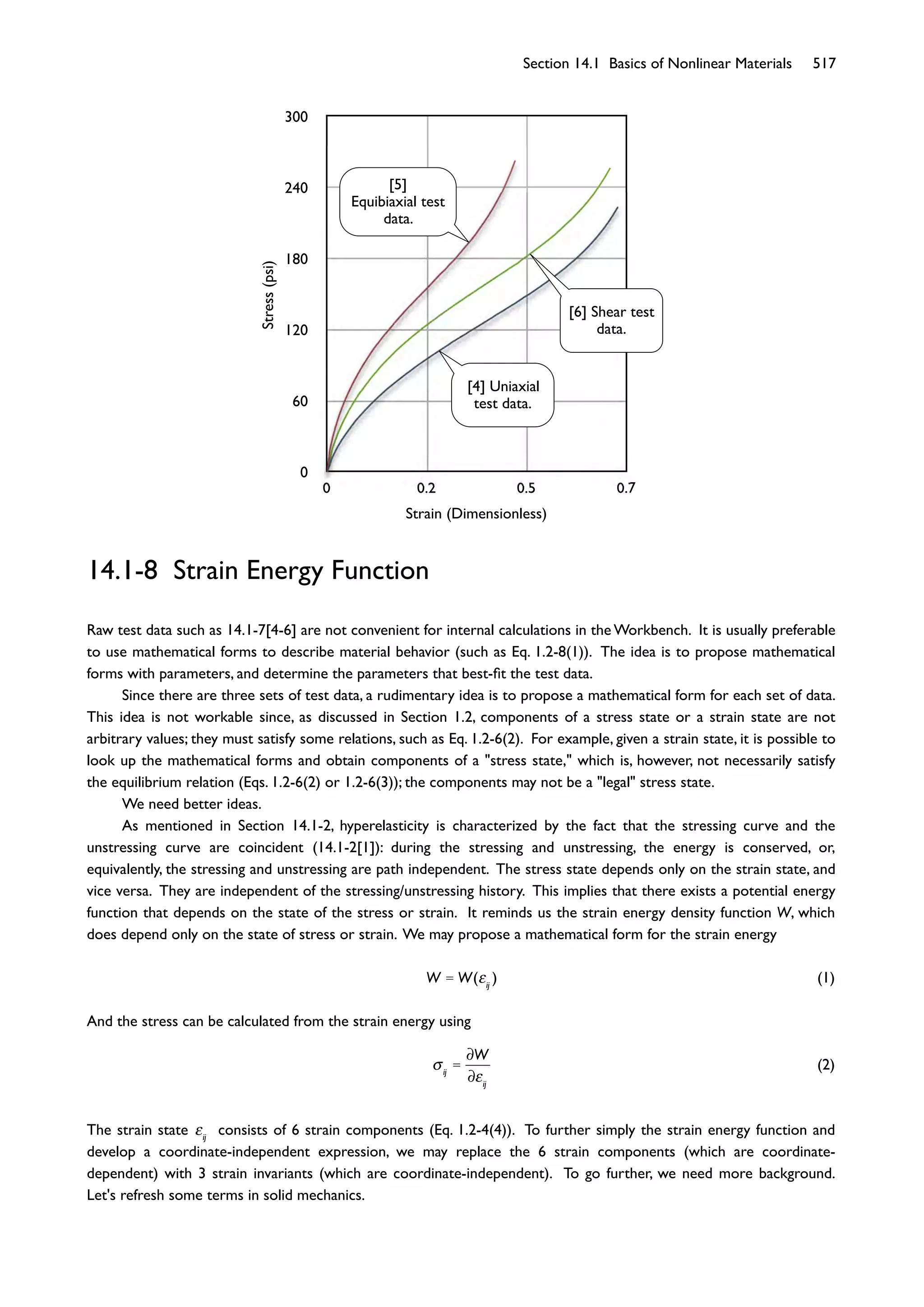 Section 14.1 Basics of Nonlinear Materials 517
0
60
120
180
240
300
0 0.2 0.5 0.7
Stress(psi)
Strain (Dimensionless)
14.1-8 Strain Energy Function
Raw test data such as 14.1-7[4-6] are not convenient for internal calculations in the Workbench. It is usually preferable
to use mathematical forms to describe material behavior (such as Eq. 1.2-8(1)). The idea is to propose mathematical
forms with parameters, and determine the parameters that best-ﬁt the test data.
Since there are three sets of test data, a rudimentary idea is to propose a mathematical form for each set of data.
This idea is not workable since, as discussed in Section 1.2, components of a stress state or a strain state are not
arbitrary values; they must satisfy some relations, such as Eq. 1.2-6(2). For example, given a strain state, it is possible to
look up the mathematical forms and obtain components of a "stress state," which is, however, not necessarily satisfy
the equilibrium relation (Eqs. 1.2-6(2) or 1.2-6(3)); the components may not be a "legal" stress state.
We need better ideas.
As mentioned in Section 14.1-2, hyperelasticity is characterized by the fact that the stressing curve and the
unstressing curve are coincident (14.1-2[1]): during the stressing and unstressing, the energy is conserved, or,
equivalently, the stressing and unstressing are path independent. The stress state depends only on the strain state, and
vice versa. They are independent of the stressing/unstressing history. This implies that there exists a potential energy
function that depends on the state of the stress or strain. It reminds us the strain energy density function W, which
does depend only on the state of stress or strain. We may propose a mathematical form for the strain energy
W = W( ij
) (1)
And the stress can be calculated from the strain energy using
ij
=
W
ij
(2)
The strain state ij
consists of 6 strain components (Eq. 1.2-4(4)). To further simply the strain energy function and
develop a coordinate-independent expression, we may replace the 6 strain components (which are coordinate-
dependent) with 3 strain invariants (which are coordinate-independent). To go further, we need more background.
Let's refresh some terms in solid mechanics.
[4] Uniaxial
test data.
[6] Shear test
data.
[5]
Equibiaxial test
data.
 