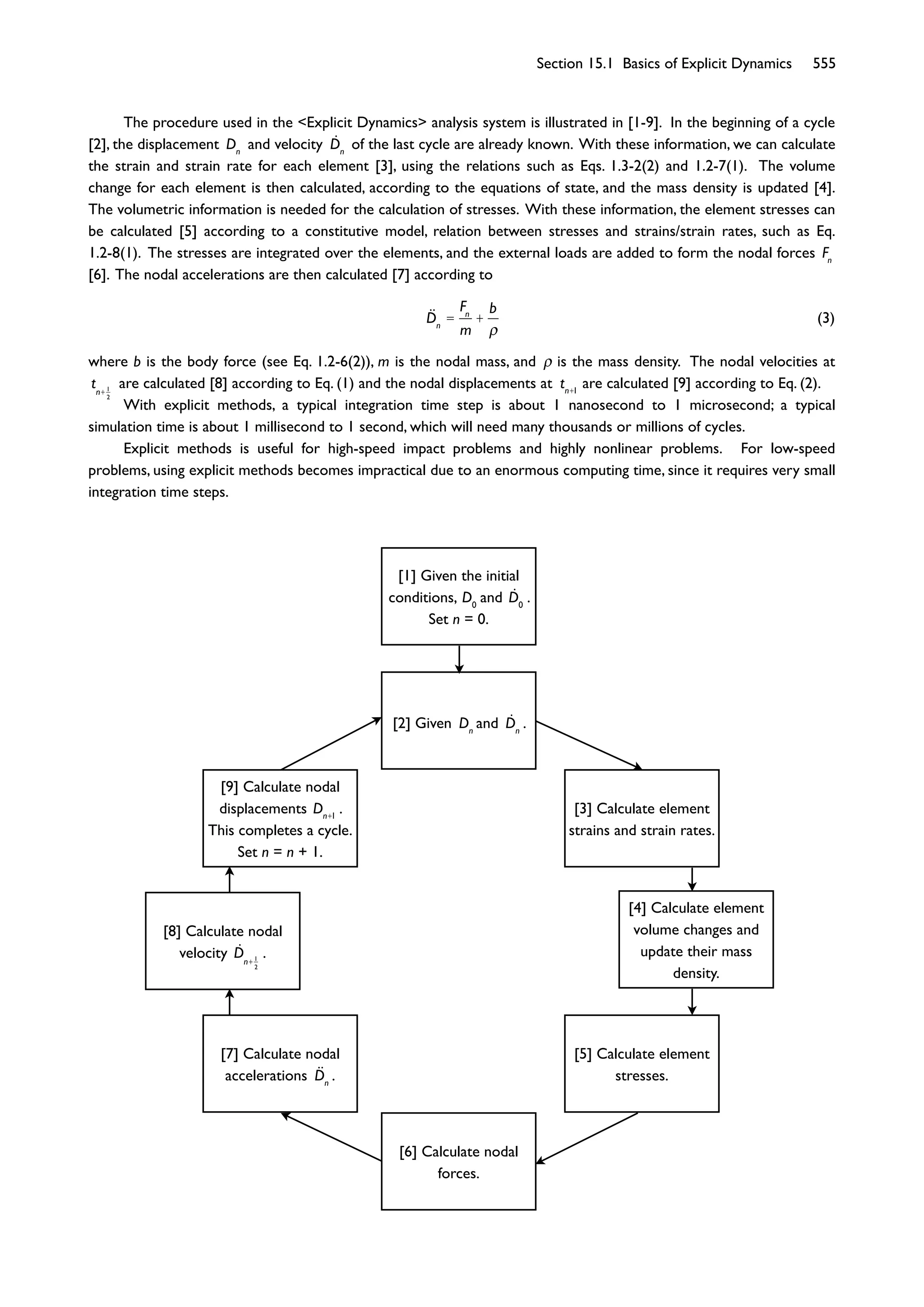 Section 15.1 Basics of Explicit Dynamics 555
[1] Given the initial
conditions, D0
and D0
.
Set n = 0.
[3] Calculate element
strains and strain rates.
[5] Calculate element
stresses.
[6] Calculate nodal
forces.
[7] Calculate nodal
accelerations Dn
.
[8] Calculate nodal
velocity Dn+1
2
.
[9] Calculate nodal
displacements Dn+1
.
This completes a cycle.
Set n = n + 1.
[2] Given Dn
and Dn
.
[4] Calculate element
volume changes and
update their mass
density.
The procedure used in the <Explicit Dynamics> analysis system is illustrated in [1-9]. In the beginning of a cycle
[2], the displacement Dn
and velocity Dn
of the last cycle are already known. With these information, we can calculate
the strain and strain rate for each element [3], using the relations such as Eqs. 1.3-2(2) and 1.2-7(1). The volume
change for each element is then calculated, according to the equations of state, and the mass density is updated [4].
The volumetric information is needed for the calculation of stresses. With these information, the element stresses can
be calculated [5] according to a constitutive model, relation between stresses and strains/strain rates, such as Eq.
1.2-8(1). The stresses are integrated over the elements, and the external loads are added to form the nodal forces Fn
[6]. The nodal accelerations are then calculated [7] according to
Dn
=
Fn
m
+
b
(3)
where b is the body force (see Eq. 1.2-6(2)), m is the nodal mass, and is the mass density. The nodal velocities at
tn+1
2
are calculated [8] according to Eq. (1) and the nodal displacements at tn+1
are calculated [9] according to Eq. (2).
With explicit methods, a typical integration time step is about 1 nanosecond to 1 microsecond; a typical
simulation time is about 1 millisecond to 1 second, which will need many thousands or millions of cycles.
Explicit methods is useful for high-speed impact problems and highly nonlinear problems. For low-speed
problems, using explicit methods becomes impractical due to an enormous computing time, since it requires very small
integration time steps.
 