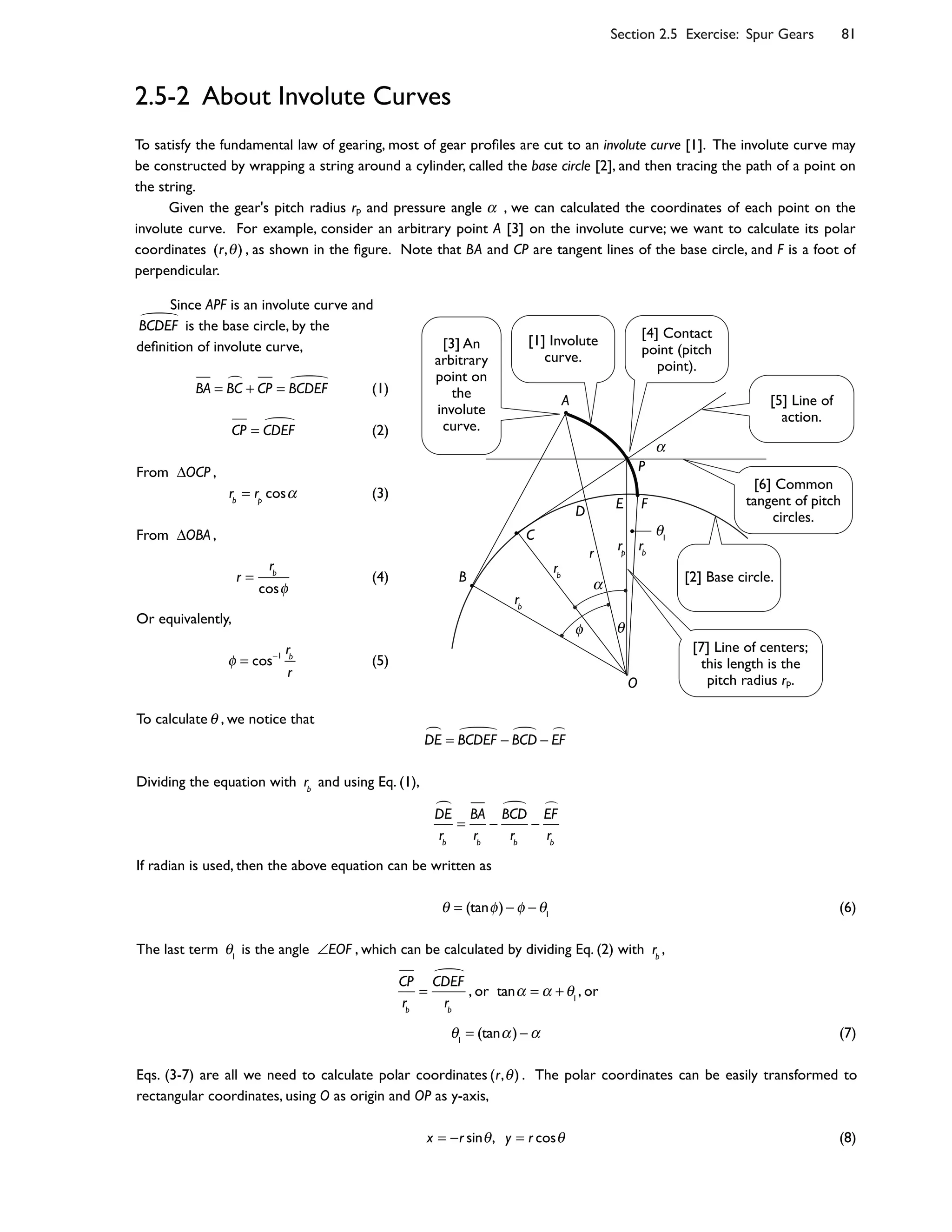 Section 2.5 Exercise: Spur Gears 81
To satisfy the fundamental law of gearing, most of gear pro8les are cut to an involute curve [1]. The involute curve may
be constructed by wrapping a string around a cylinder, called the base circle [2], and then tracing the path of a point on
the string.
Given the gear's pitch radius rp and pressure angle , we can calculated the coordinates of each point on the
involute curve. For example, consider an arbitrary point A [3] on the involute curve; we want to calculate its polar
coordinates (r, ) , as shown in the 8gure. Note that BA and CP are tangent lines of the base circle, and F is a foot of
perpendicular.
2.5-2 About Involute Curves
A
C
O
P
B
rb
rpr
D
rb
rb
E F
Since APF is an involute curve and
BCDEF is the base circle, by the
de8nition of involute curve,
BA = BC + CP = BCDEF (1)
CP = CDEF (2)
From OCP ,
rb
= rp
cos (3)
From OBA ,
r =
rb
cos
(4)
Or equivalently,
= cos 1
rb
r
(5)
To calculate , we notice that
DE = BCDEF BCD EF
Dividing the equation with rb
and using Eq. (1),
DE
rb
=
BA
rb
BCD
rb
EF
rb
If radian is used, then the above equation can be written as
= (tan ) 1
(6)
The last term 1
is the angle EOF , which can be calculated by dividing Eq. (2) with rb
,
CP
rb
=
CDEF
rb
, or tan = + 1
, or
1
= (tan ) (7)
Eqs. (3-7) are all we need to calculate polar coordinates (r, ) . The polar coordinates can be easily transformed to
rectangular coordinates, using O as origin and OP as y-axis,
x = r sin , y = r cos (8)
1
[4] Contact
point (pitch
point).
[2] Base circle.
[5] Line of
action.
[6] Common
tangent of pitch
circles.
[7] Line of centers;
this length is the
pitch radius rp.
[1] Involute
curve.
[3] An
arbitrary
point on
the
involute
curve.
 