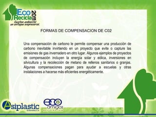 FORMAS DE COMPENSACION DE C02 Una compensación de carbono le permite compensar una producción de carbono inevitable invirtiendo en un proyecto que evite o capture las emisiones de gas invernadero en otro lugar. Algunos ejemplos de proyectos de compensación incluyen la energía solar y eólica, inversiones en silvicultura y la recolección de metano de rellenos sanitarios o granjas. Algunas compensaciones pagan para ayudar a escuelas y otras instalaciones a hacerse más eficientes energéticamente. 