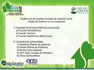 Cuales son las fuentes iniciales de medicion de la  Huella de Carbono en las empresas 1- Cantidad de Energia Electrica consumida   a) Fuente Hidroelectrica b) Fuente Termica c) Fuente Geotermica (Mas limpia) 2- Cantidad de combustibles 1) Gasolina (Planta de potencia) 2) Diesel (Planta de Potencia) 3) Bunker para calderas 4) GLP (Gas Licuado de Petroleo) 5) Otros combustibles 
