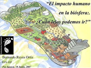 “El impacto humano
                                                  en la biósfera:.
                                 Footprint




                             ¿Cuán lejos podemos ir?”




Bernardo Reyes Ortíz
EFN-IEP
Foz Iguazú, 18 Junio, 2007
 