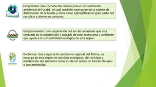 Corpouraba: Una corporación creada para el sostenimiento
ambiental del Urabá, el cual también hace parte de la cadena de
disminución de la huella y toma como ejemplificación gran parte del
reciclaje y ahorro en consumo.
Corpoamazonia: Una corporación del sur del amazonas que esta
centrada en la mantención y cuidado de este ecosistema y ambiente
que ayuda a la sostenibilidad ecológica de esta región.
Cortolima: Una corporación autónoma regional del Tolima, se
encarga de esta región en sentidos ecológicos, de reciclaje y
mantención del ambiente como así de los temas de función de aseo
y contaminación.
 