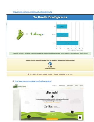 http://huella-ecologica.ambiente.gob.ec/resultados.php
2. http://www.soyecolombiano.com/huella-ecologica/
 