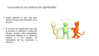 La escuela es un universo de significados.
 Todos sabemos lo que esta bien
hecho y lo que esta mal hecho en la
escuela.
 El universo de significados que cree
la escuela se mantiene a través del
tiempo, aunque sufre importantes
variaciones debidas a la influencia
externa y a los cambios de
mentalidad de los profesores y
alumnos.
 