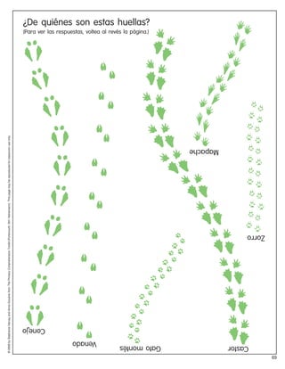 © 2008 by Stephanie Harvey and Anne Goudvis from The Primary Comprehension Toolkit (Portsmouth, NH: Heinemann). This page may be reproduced for classroom use only.




                    Conejo
           Venado
                                                                                                                                                                           (Para ver las respuestas, voltea al revés la página.)
                                                                                                                                                                                                                                   ¿De quiénes son estas huellas?




     Gato montés
                                                                                                                                                        Mapache




     Castor
                                                                                        Zorro




69
 