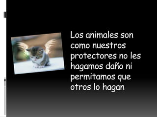 Los animales son
como nuestros
protectores no les
hagamos daño ni
permitamos que
otros lo hagan
 