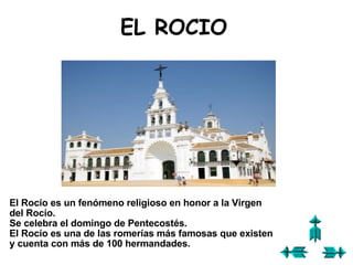 El Rocío es un fenómeno religioso en honor a la Virgen del Rocío. Se celebra el domingo de Pentecostés.  El Rocío es una de las romerías más famosas que existen  y cuenta con más de 100 hermandades. EL ROCIO 