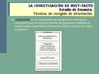 Un  cuestionario  es un instrumento de recogida de información compuesto por un conjunto limitado de preguntas mediante el cual el sujeto proporciona información sobre sí mismo y/o sobre su entorno. LA INVESTIGACIÓN EX POST-FACTO Estudio de Encuesta. Técnicas de recogida de información. Cuestionario Datos de identificación y clasificación. ____________________________________ Preguntas Tipo de preguntas Orden y disposición Número de preguntas ________________________________________________ -Aspectos formales. ________________________________________________-Normas de cumplimiento. ________________________________________________ 