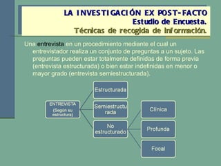 Una  entrevista  en un procedimiento mediante el cual un entrevistador realiza un conjunto de preguntas a un sujeto. Las preguntas pueden estar totalmente definidas de forma previa (entrevista estructurada) o bien estar indefinidas en menor o mayor grado (entrevista semiestructurada). LA INVESTIGACIÓN EX POST-FACTO Estudio de Encuesta. Técnicas de recogida de información. 
