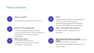 To understand what Predictive Analytics is.
To relate examples you may have come
across in the sector and in other industries to
understand the breadth and range of
applications.
To provoke thinking about the
problems/situations you want to solve or
investigate to make changes.
1 Understanding that there are many different
tools from Excel to data mining in
programming languages like R and Python.
I’m using SPSS Modeler in this presentation.
Looking at a CRISP – DM process as a
framework
Measuring and evaluating engagement through
CRM and conversion activities to
optimise/prioritise/identify opportunities and
reduce threats.
2
3
4
5
6
What on earth? How?
Where is this happening?
Where do I start? What does this have to do with
CRM?
Yeah…but, what’s the process?
Today’s outcomes
 