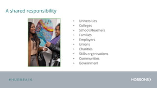 # H U E M E A 1 6
A shared responsibility
• Universities
• Colleges
• Schools/teachers
• Families
• Employers
• Unions
• Charities
• Skills organisations
• Communities
• Government
 