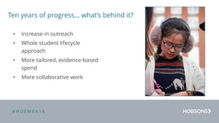 # H U E M E A 1 6
Ten years of progress… what’s behind it?
• Increase in outreach
• Whole student lifecycle
approach
• More tailored, evidence-based
spend
• More collaborative work
 