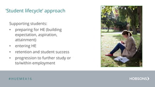 # H U E M E A 1 6
‘Student lifecycle’ approach
Supporting students:
• preparing for HE (building
expectation, aspiration,
attainment)
• entering HE
• retention and student success
• progression to further study or
to/within employment
 