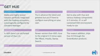 GET HUE 
CLOUDERA’S CDH

TARBALL

CLOUDERA’S DEMO VM

Stable	
  and	
  highly	
  tested	
  
releases	
  perfectly	
  integrated	
  
with	
  the	
  Hadoop	
  ecosystem,	
  
automagically	
  conﬁgured	
  by	
  
Cloudera	
  Manager.

Try	
  in	
  advance	
  the	
  latest	
  and	
  
greatest	
  but	
  you’ll	
  have	
  to	
  
conﬁgure	
  everything	
  on	
  your	
  
own.

Get	
  to	
  play	
  with	
  Hue	
  and	
  
various	
  Hadoop	
  components	
  
in	
  5	
  minutes.	
  It’s	
  a	
  self	
  
contained	
  CDH	
  environment	
  
ready	
  to	
  use.

HORTONWORKS*

MAPR*

HP CLOUD*

In	
  HDP	
  there’s	
  an	
  old	
  forked	
  
version	
  of	
  Hue	
  2.3.

Newer	
  version	
  than	
  HDP,	
  close	
  
to	
  the	
  original	
  2.5	
  minus	
  apps	
  
like	
  HBase,	
  Impala,	
  Sqoop,	
  
Search.

The	
  newest	
  addicon,	
  ships	
  
Hue	
  3.0	
  through	
  the	
  
GreenBuhon	
  products.	
  

BIGTOP

EMBEDDED/DEMO IN IND. COMPANIES

* YOUR MILEAGE MAY VARY.

 