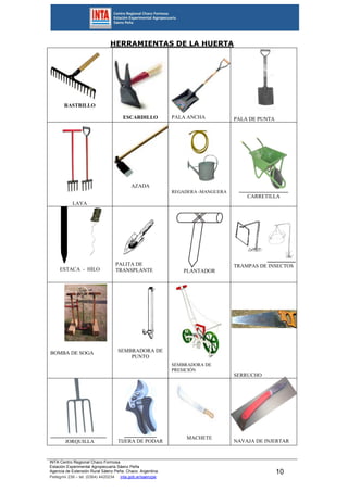 INTA Centro Regional Chaco Formosa
Estación Experimental Agropecuaria Sáenz Peña
Agencia de Extensión Rural Sáenz Peña. Chaco. Argentina.
Pellegrini 238 – tel. (0364) 4420234 inta.gob.ar/saenzpe
10
HERRAMIENTAS DE LA HUERTA
RASTRILLO
ESCARDILLO PALA ANCHA PALA DE PUNTA
LAYA
AZADA
REGADERA -MANGUERA
CARRETILLA
ESTACA - HILO
PALITA DE
TRANSPLANTE PLANTADOR
TRAMPAS DE INSECTOS
BOMBA DE SOGA SEMBRADORA DE
PUNTO
SEMBRADORA DE
PRESICIÓN
SERRUCHO
JORQUILLA TIJERA DE PODAR
MACHETE
NAVAJA DE INJERTAR
 