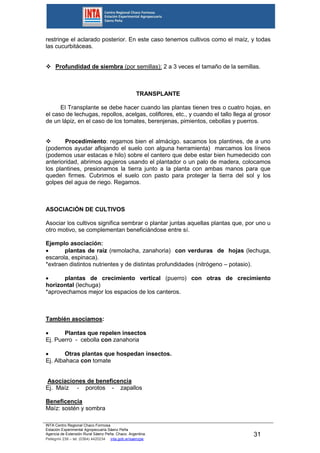 INTA Centro Regional Chaco Formosa
Estación Experimental Agropecuaria Sáenz Peña
Agencia de Extensión Rural Sáenz Peña. Chaco. Argentina.
Pellegrini 238 – tel. (0364) 4420234 inta.gob.ar/saenzpe
31
restringe el aclarado posterior. En este caso tenemos cultivos como el maíz, y todas
las cucurbitáceas.
 Profundidad de siembra (por semillas): 2 a 3 veces el tamaño de la semillas.
TRANSPLANTE
El Transplante se debe hacer cuando las plantas tienen tres o cuatro hojas, en
el caso de lechugas, repollos, acelgas, coliflores, etc., y cuando el tallo llega al grosor
de un lápiz, en el caso de los tomates, berenjenas, pimientos, cebollas y puerros.
 Procedimiento: regamos bien el almácigo. sacamos los plantines, de a uno
(podemos ayudar aflojando el suelo con alguna herramienta) marcamos los líneos
(podemos usar estacas e hilo) sobre el cantero que debe estar bien humedecido con
anterioridad, abrimos agujeros usando el plantador o un palo de madera, colocamos
los plantines, presionamos la tierra junto a la planta con ambas manos para que
queden firmes. Cubrimos el suelo con pasto para proteger la tierra del sol y los
golpes del agua de riego. Regamos.
ASOCIACIÓN DE CULTIVOS
Asociar los cultivos significa sembrar o plantar juntas aquellas plantas que, por uno u
otro motivo, se complementan beneficiándose entre sí.
Ejemplo asociación:
 plantas de raíz (remolacha, zanahoria) con verduras de hojas (lechuga,
escarola, espinaca).
*extraen distintos nutrientes y de distintas profundidades (nitrógeno – potasio).
 plantas de crecimiento vertical (puerro) con otras de crecimiento
horizontal (lechuga)
*aprovechamos mejor los espacios de los canteros.
También asociamos:
 Plantas que repelen insectos
Ej. Puerro - cebolla con zanahoria
 Otras plantas que hospedan insectos.
Ej. Albahaca con tomate
Asociaciones de beneficencia
Ej. Maíz - porotos - zapallos
Beneficencia
Maíz: sostén y sombra
 