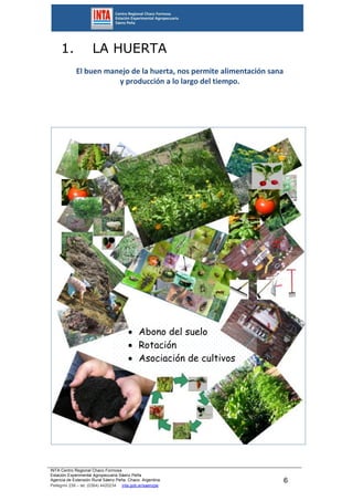 INTA Centro Regional Chaco Formosa
Estación Experimental Agropecuaria Sáenz Peña
Agencia de Extensión Rural Sáenz Peña. Chaco. Argentina.
Pellegrini 238 – tel. (0364) 4420234 inta.gob.ar/saenzpe
6
1. LA HUERTA
El buen manejo de la huerta, nos permite alimentación sana
y producción a lo largo del tiempo.
 Abono del suelo
 Rotación
 Asociación de cultivos
 