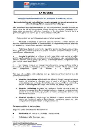 INTA Centro Regional Chaco Formosa
Estación Experimental Agropecuaria Sáenz Peña
Agencia de Extensión Rural Sáenz Peña. Chaco. Argentina.
Pellegrini 238 – tel. (0364) 4420234 inta.gob.ar/saenzpe
7
LA HUERTA
Es la porción de terreno destinado a la producción de hortalizas y frutales.
Que mediante el manejo racional de los recursos naturales, nos permite acceder a una
alimentación equilibrada y sustentable en el tiempo.
Esta alimentación equilibrada se logra toda vez que consumimos las hortalizas y frutales en
forma fresca, que nos entregan proteínas, hidratos de carbono, vitaminas, minerales y fibras,
todos estos componentes, nutrientes, necesarios en la alimentación humana diaria y
permanente; por lo que decimos que es vital la práctica de la huerta.
Podemos decir que las hortalizas cultivadas en la Huerta nos brindan:
 Vitaminas y minerales: la contienen todas las verduras; permiten mantener en
equilibrio nuestro sistema y regulan el aprovechamiento de las proteínas y energías aportadas
por las verduras y el resto de los alimentos consumidos.
 Proteínas y fibras: lo contienen las legumbres (porotos de chaucha, soja, arvejas,
habas, garbanzos) además de los huevos, carnes; necesarias para el desarrollo del cuerpo y
defensa contra enfermedades.
 Hidratos de carbono: la contienen el maíz, papa, trigo, arroz, sandía, el melón,
pepino, zapallo, zapallito, tomate, berenjena, pimiento, hortalizas de hojas y peciolos (acelga,
achicoria, escarola, lechuga, perejil, apio, hinojo). Estas nos proveen las energías necesarias
para trabajar, correr, resistir el frío.
 Los frutales a través de sus frutos proveen al organismo humano en forma similar a
las hortalizas de proteínas, hidratos de carbono, vitaminas, minerales y fibras; los tenores de
cada componente varían de acuerdo a la especie frutal.
Para que este equilibrio exista debemos decir que debemos combinar los tres tipos de
alimentos denominados:
 Alimentos constructores: aportados por las hortalizas, frutales o alimentos que nos
proveen de proteínas y minerales como el calcio y el hierro. Denominados
constructores porque son los que forman el cuerpo; además permiten el crecimiento y
renuevo de diferente partes del cuerpo como huesos, piel, dientes, sangre, etc.
 Alimentos reguladores: aportados por hortalizas y frutales que nos proveen de
vitaminas, minerales y fibras. Denominados reguladores porque sirven para mantener
la salud de la piel, los dientes, ojos, regulan el intestino y nos dan las defensas para
combatir las infecciones.
 Alimentos energéticos: aportados por las hortalizas, frutales o alimentos que nos
proveen de hidratos de carbono. Denominados energéticos porque nos dan
energías necesarias para trabajar, correr y resistir del frío.
Partes comestibles de las hortalizas
Según sus partes comestibles las clasificamos en:
 Hortalizas de raíz: remolacha, zanahoria, rabanito, batata.
 Hortalizas de tallo: Esparrago, papa.
 