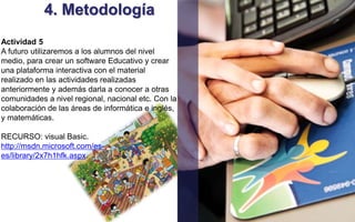 4. Metodología 
Actividad 5 
A futuro utilizaremos a los alumnos del nivel 
medio, para crear un software Educativo y crear 
una plataforma interactiva con el material 
realizado en las actividades realizadas 
anteriormente y además darla a conocer a otras 
comunidades a nivel regional, nacional etc. Con la 
colaboración de las áreas de informática e inglés, 
y matemáticas. 
RECURSO: visual Basic. 
http://msdn.microsoft.com/es-es/ 
library/2x7h1hfk.aspx. 
 