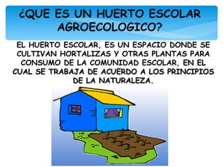 ¿QUE ES UN HUERTO ESCOLAR
      AGROECOLOGICO?
 EL HUERTO ESCOLAR, ES UN ESPACIO DONDE SE
 CULTIVAN HORTALIZAS Y OTRAS PLANTAS PARA
  CONSUMO DE LA COMUNIDAD ESCOLAR, EN EL
CUAL SE TRABAJA DE ACUERDO A LOS PRINCIPIOS
             DE LA NATURALEZA.
 