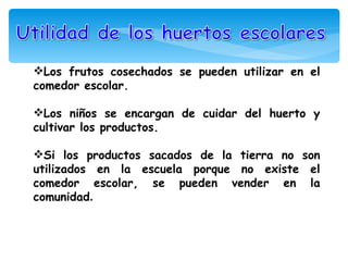 Los frutos cosechados se pueden utilizar en el
comedor escolar.

Los niños se encargan de cuidar del huerto y
cultivar los productos.

Si los productos sacados de la tierra no son
utilizados en la escuela porque no existe el
comedor escolar, se pueden vender en la
comunidad.
 
