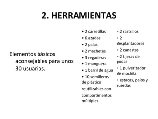 2. HERRAMIENTAS
                            • 2 carretillas      • 2 rastrillos
                            • 6 azadas           •2
                            • 2 palas            desplantadores
                            • 2 machetes         • 2 canastas
Elementos básicos           • 3 regaderas        • 2 tijeras de
   aconsejables para unos   • 1 manguera         podar
   30 usuarios.             • 1 barril de agua   • 1 pulverizador
                                                 de mochila
                            • 10 semilleros
                                                 • estacas, palos y
                            de plástico
                                                 cuerdas
                            reutilizables con
                            compartimentos
                            múltiples
 