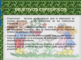 OBJETIVOS ESPECÍFICOS
 Proporcionar técnicas agroecológicas para la elaboración de
Huertos Escolares a los integrantes de las Instituciones
Educativas,
 Establecer las relaciones existentes entre el medio natural y
las actividades humanas que se desarrollan en los diferentes
ámbitos de aplicación del proyecto.
 Capacitar a los estudiantes y comunidades para su intervención y
toma de decisiones en la búsqueda de soluciones a los problemas
asociados con el ambiente.
 Fomentar la adquisición de valores, dirigidos a motivar el interés e
inquietud por el ambiente del cual forman parte como individuos
proactivos.
 