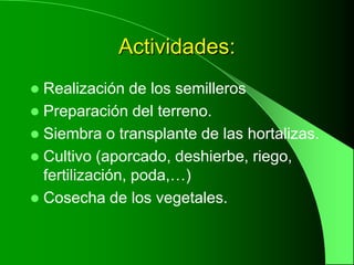 Actividades:
 Realización de los semilleros
 Preparación del terreno.
 Siembra o transplante de las hortalizas.
 Cultivo (aporcado, deshierbe, riego,
  fertilización, poda,…)
 Cosecha de los vegetales.
 