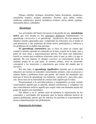 Patatas, cebollas, lechugas, alcachofas, habas, berenjenas, zanahorias, 
remolacha, tomates, acelgas, pimientos, fresones, ajos, judías verdes, 
calabazas, calabacines, girasol, aromáticas (romero, salvia, menta, espliego, 
manzanilla dulce), caléndulas. 
Metodología 
Las actividades del huerto favorecen el desarrollo de una metodología 
activa que está basada en dos principios didácticos fundamentales: el 
aprendizaje constructivo y el aprendizaje significativo. De esta manera los 
alumnos estarán capacitados para comprender las relaciones con el medio al 
cual pertenecen y dar respuestas de forma activa, participativa y reflexiva a 
los problemas de su ámbito más próximo. 
El aprendizaje constructivo que se basa en tener en cuenta que 
cuando el alumno aprende un contenido no lo hace a partir de la nada, sino a 
partir de unas ideas y representaciones previas. Por tanto esto deberemos 
tenerlo en cuenta para establecer relaciones entre lo que ya sabe y lo que se 
aprende. De esta manera, el alumno construye su conocimiento desde la 
realidad propia de la cual parte, el entorno urbano, nivel de desarrollo 
conceptual y las emociones y experiencias que extrae del mundo que le 
envuelve. 
Por otro lado, el aprendizaje significativo entiende que la actividad 
educativa no consiste en transmitir conocimiento aislados, sino en procesar y 
ordenar dudas y problemas reales que partan del interés del alumnado, que 
hará que el deseo de aprendizaje sea realmente significativo para ellos, pues 
este deseo nace de la curiosidad de conocer todo aquello que le rodea. 
Posteriormente a la actividad práctica y manipulativa ya tiene sentido 
contextualizar aquello que se aprende, obtener conclusiones y completar con 
mas conocimientos teóricos aquello que surgió como una demanda propia del 
grupo de manera casi espontánea. 
Por último y en el primer ciclo de primaria la organización de los 
contenidos y actividades del programa para la huerta deberían hacerse de 
manera globalizada, puesto que los niños/as no perciben el conocimiento de 
forma compartimentada sino globalmente. 
12 
Organización del trabajo 
 