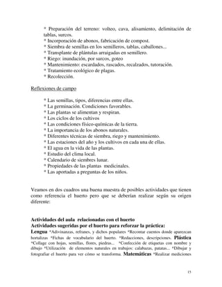* Preparación del terreno: volteo, cava, alisamiento, delimitación de 
tablas, surcos. 
* Incorporación de abonos, fabricación de compost. 
* Siembra de semillas en los semilleros, tablas, caballones... 
* Transplante de plántulas arraigadas en semillero. 
* Riego: inundación, por surcos, goteo 
* Mantenimiento: escardados, rascados, recalzados, tutoración. 
* Tratamiento ecológico de plagas. 
* Recolección. 
15 
Reflexiones de campo 
* Las semillas, tipos, diferencias entre ellas. 
* La germinación. Condiciones favorables. 
* Las plantas se alimentan y respiran. 
* Los ciclos de los cultivos 
* Las condiciones físico-químicas de la tierra. 
* La importancia de los abonos naturales. 
* Diferentes técnicas de siembra, riego y mantenimiento. 
* Las estaciones del año y los cultivos en cada una de ellas. 
* El agua en la vida de las plantas. 
* Estudio del clima local. 
* Calendario de siembres lunar. 
* Propiedades de las plantas medicinales. 
* Las aportadas a preguntas de los niños. 
Veamos en dos cuadros una buena muestra de posibles actividades que tienen 
como referencia el huerto pero que se deberían realizar según su origen 
diferente: 
Actividades del aula relacionadas con el huerto 
Actividades sugeridas por el huerto para reforzar la práctica: 
Lengua *Adivinanzas, refranes, y dichos populares *Recontar cuentos donde aparezcan 
hortalizas *Fichas de vocabulario del huerto. *Redacciones, descripciones. Plástica 
*Collage con hojas, semillas, flores, piedras... *Confección de etiquetas con nombre y 
dibujo *Utilización de elementos naturales en trabajos: calabazas, patatas... *Dibujar y 
fotografiar el huerto para ver cómo se transforma. Matemáticas *Realizar mediciones 
 