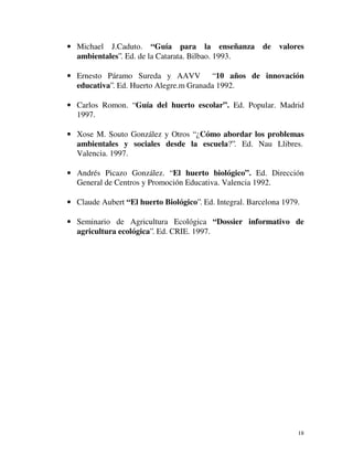 · Michael J.Caduto. “Guía para la enseñanza de valores 
ambientales”. Ed. de la Catarata. Bilbao. 1993. 
· Ernesto Páramo Sureda y AAVV “10 años de innovación 
educativa”. Ed. Huerto Alegre.m Granada 1992. 
· Carlos Romon. “Guía del huerto escolar”. Ed. Popular. Madrid 
1997. 
· Xose M. Souto González y Otros “¿Cómo abordar los problemas 
ambientales y sociales desde la escuela?”. Ed. Nau Llibres. 
Valencia. 1997. 
· Andrés Picazo González. “El huerto biológico”. Ed. Dirección 
General de Centros y Promoción Educativa. Valencia 1992. 
· Claude Aubert “El huerto Biológico”. Ed. Integral. Barcelona 1979. 
· Seminario de Agricultura Ecológica “Dossier informativo de 
agricultura ecológica”. Ed. CRIE. 1997. 
18 
 