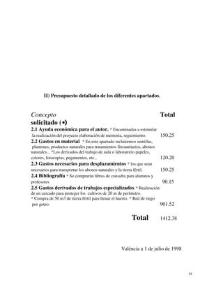 19 
II) Presupuesto detallado de los diferentes apartados. 
Concepto Total 
solicitado (•) 
2.1 Ayuda económica para el autor. * Encaminadas a estimular 
la realización del proyecto elaboración de memoria, seguimiento. 150.25 
2.2 Gastos en material * En este apartado incluiremos semillas, 
plantones, productos naturales para tratamientos fitosanitarios, abonos 
naturales... *Los derivados del trabajo de aula o laboratorio papeles, 
colores, fotocopias, pegamentos, etc... 120.20 
2.3 Gastos necesarios para desplazamientos * los que sean 
necesarios para transportar los abonos naturales y la tierra fértil. 150.25 
2.4 Bibliografía * Se comprarán libros de consulta para alumnos y 
profesores 90.15 
2.5 Gastos derivados de trabajos especializados * Realización 
de un cercado para proteger los cultivos de 20 m de perímetro. 
* Compra de 50 m3 de tierra fértil para llenar el huerto. * Red de riego 
por goteo. 901.52 
Total 1412.38 
València a 1 de julio de 1998 
 