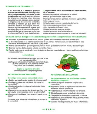 Lectura breve
En el huerto hay plantas de la cuales se come la flor,
por ejemplo el coliflor.
Las hay que solo se comen las hojas, como la lechuga.
De otras se come el fruto, como el tomate.
Pero todas son nutritivas y deliciosas.
Copiar la siguiente oración:
Debemos comer siempre vegetales.
1. El maestro o la maestra pueden
aprovechar las láminas o fotografías
para clarificar algunos conceptos, como
por ejemplo: que los alimentos provienen
de diferentes fuentes, citar algunas
(conucos, huertos, parcelas, otros), explicar
la importancia de consumir alimentos
variados y frescos, ya que estos les
permiten reparar la energía perdida.
Señalar algunas medidas de higiene que
se deben seguir al consumir alimentos,
sobre todo, los que se consumen crudos que
provienen del huerto o de otras fuentes.
ACTIVIDADES DE DESARROLLO
2. Organizar con los/as estudiantes una visita al huerto
de la escuela.
Orientarlos para que observen en el huerto:
Plantas que reconocen en el huerto.
Distinguir entre plantas grandes, medianas y pequeñas.
Si tiene agua el huerto.
Si hay tierra para ponerle a las plantas del huerto.
Si animales pequeños dentro del huerto.
Si las plantas tienen flores y frutos.
Si todas las plantas nacen de semillas.
Si todas las plantas tiene la misma forma.
Cuáles de esas plantas se consumen en tu casa con frecuencia?
En el aula, abrir un diálogo con los estudiantes para cuenten su experiencia de mi visita al huerto.
Anotar en la pizarra el nombre de las plantas que los estudiantes reconocieron en el huerto.
El docente escribe en la pizarra los nombres de las plantas mencionadas por los alumnos en tres
columnas: Plantas grandes, medianas y pequeñas.
Pedir a los estudiantes que dibujen dos plantas de las que observaron con frutos y dos con hojas.
Colorear plantas de las cuales solo se comen las hojas.
Escribir en la pizarra un párrafo como el siguiente, leer con los estudiantes y luego pedirles que lo copien
en sus cuadernos.
ACTIVIDADES PARA SABER MÁS
Investigar en su casa o comunidad sobre:
¿Cuáles son los alimentos propios de mi comunidad?
¿Cuál es o cuáles son los platos típicos de mi
comunidad?
¿Cuáles alimentos contiene el plato típico de mi
comunidad?.
¿Cómo debemos manejar los alimentos en la cocina
para evitar enfermedades, como la salmonella?.
¿Cómo puedo colaborar para tener un huerto en mi
casa?.
Conversar en el aula sobre lo investigado en su casa o
la comunidad.
ACTIVIDADES DE EVALUACIÓN.
Se sugiere evaluar las actividades con las
siguientes preguntas:
Identifica algunos alimentos propios de tu
comunidad.
Argumenta sobre la importancia de consumir
alimentos frescos y variados.
Reconoce que sin alimentos no hay energía.
Dibuja lugares donde se cultivan alimentos.
Dibuja platos alimenticios propios de tu cultura.
Reconoce que los alimentos hay que consumirlos
de manera higiénica.
Muestra interés por consumir frutas y hortalizas.
 