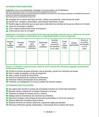 Investigar por lo menos seis tipos de maíz, colores que presentan y diez formas de usarlo.
Escribir tres ventajas y desventajas para desecar legumbres y frutas.
Nombre algunos alimentos que se usan para condimentar las comidas de los que se cultivan en el huerto.
¿Qué son encurtidos o pickles?
¿Con cuáles hortalizas del huerto se preparan?
¿Para qué las usan en el hogar?
Seleccionar una fruta y una hortaliza de las que más te gustan entre las que se cultivan en el huerto,
investigar y completar la información en un organizador gráfico como el siguiente:
Visitar un colmado o supermercado; observar por lo menos dos alimentos vegetales presentados
en forma de conserva.
Escribir el nombre de estos alimentos, leer la etiqueta y anotar los nutrientes que posee.
Decir si están envasados y el tipo de recipiente.
Leer y anotar la fecha de vencimiento.
Escribir la importancia de conservar los alimentos.
Presentar historia del disecado de los alimentos.
Presentar su investigación en el aula y publicar de manera creativa.
ACTIVIDADES DE EVALUACIÓN.
Se sugiere el/la docente a evaluar las actividades tomando en cuenta el/la estudiante:
Muestra interés y disposición al trabajo individual y en grupo.
Presenta su trabajo de manera pulcra y creativa.
Dialoga sobre la importancia de conservar los alimentos.
Reconoce ventajas y desventajas de alimentos presentados en forma de conserva.
Elabora diferentes conceptos sobre el tema.
Redacta informes de manera coherente y siguiendo reglas gramaticales.
Reconoce diferentes aportes ambientales y nutricionales de los cultivos del huerto.
Proceso
para
elaborar
alimentos
Nombre
de
hortaliza
o fruto
Proceso
para
conservarlo
Nutrientes
que
contienen
Cuantas
veces lo
consumen
por semana
en tu casa
Gastos
semanales
Costo
por
unidad
o libra
Ahorro sí
se cultiva
en el huerto
o en la
casa
ACTIVIDAD PARA SABER MÁS
Sugiérales a los y las estudiantes investigar en la comunidad o en la biblioteca :
http://www.alimentacion-sana.com.ar/informaciones/novedades/conservas.htm
http://www.alimentacion-sana.com.ar/Informaciones/novedades/conservacion.htm http://luisbrpy.wordpress.com/2008/09/15/proyectos-
productivos-disecado-de-frutashortalizasotras/
http://www.gimsa.com/htmle/historia-tipos.htm.
 