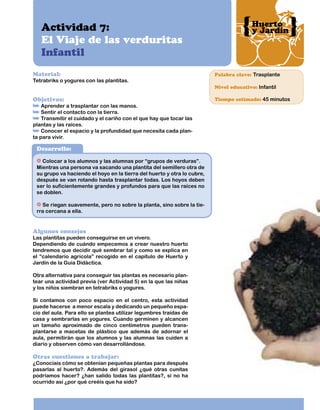 Actividad 7:
El Viaje de las verduritas
Infantil
Material:

Tetrabriks o yogures con las plantitas.

Huerto
y Jardín

Palabra clave: Trasplante
Nivel educativo: Infantil

Objetivos:

Aprender a trasplantar con las manos.
Sentir el contacto con la tierra.
Transmitir el cuidado y el cariño con el que hay que tocar las
plantas y las raíces.
Conocer el espacio y la profundidad que necesita cada planta para vivir.

Desarrollo:
Colocar a los alumnos y las alumnas por “grupos de verduras”.
Mientras una persona va sacando una plantita del semillero otra de
su grupo va haciendo el hoyo en la tierra del huerto y otra lo cubre,
después se van rotando hasta trasplantar todas. Los hoyos deben
ser lo suficientemente grandes y profundos para que las raíces no
se doblen.
Se riegan suavemente, pero no sobre la planta, sino sobre la tierra cercana a ella.

Algunos consejos

Las plantitas pueden conseguirse en un vivero.
Dependiendo de cuándo empecemos a crear nuestro huerto
tendremos que decidir qué sembrar tal y como se explica en
el “calendario agrícola” recogido en el capítulo de Huerto y
Jardín de la Guía Didáctica.
Otra alternativa para conseguir las plantas es necesario plantear una actividad previa (ver Actividad 5) en la que las niñas
y los niños siembran en tetrabriks o yogures.
Si contamos con poco espacio en el centro, esta actividad
puede hacerse a menor escala y dedicando un pequeño espacio del aula. Para ello se plantea utilizar legumbres traídas de
casa y sembrarlas en yogures. Cuando germinen y alcancen
un tamaño aproximado de cinco centímetros pueden transplantarse a macetas de plástico que además de adornar el
aula, permitirán que los alumnos y las alumnas las cuiden a
diario y observen cómo van desarrollándose.

Otras cuestiones a trabajar:

¿Conocíais cómo se obtenían pequeñas plantas para después
pasarlas al huerto?. Además del girasol ¿qué otras cunitas
podríamos hacer? ¿han salido todas las plantitas?, si no ha
ocurrido así ¿por qué creéis que ha sido?

Tiempo estimado: 45 minutos

 