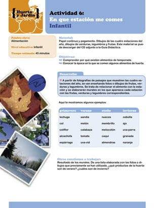 Huerto
y Jardín

Actividad 6:
En que estación me comes
Infantil

Palabra clave:

Alimentación
Nivel educativo: Infantil

Material:

Papel continuo y pegamento. Dibujos de las cuatro estaciones del
año, dibujos de verduras, legumbres y frutas. Este material se puede descargar del CD adjunto a la Guía Didáctica.

Tiempo estimado: 45 minutos

Objetivos:

Comprender por qué existen alimentos de temporada.
Conocer la época en la que se comen algunos alimentos de huerta.

Desarrollo:
A partir de fotografías de paisajes que muestren las cuatro estaciones del año, se van enseñando fotos o dibujos de frutas, verduras y legumbres. Se trata de relacionar el alimento con la estación y se elaborarán murales en los que aparezca cada estación
con las frutas, verduras y legumbres correspondientes.
Aquí te mostramos algunos ejemplos:

primavera

verano

otoño

invierno

lechuga

sandía

nueces

cebolla

col

melón

membrillo

ajo

coliflor

calabaza

melocotón

uva-parra

alcachofa

tomate

caqui

granada

espárrago

uva-vid

almendras

naranja

Otras cuestiones a trabajar:

Resultado de los murales. De una lista elaborada con las fotos o dibujos que previamente se han utilizado, ¿qué productos de la huerta
son de verano? ¿cuáles son de invierno?

 