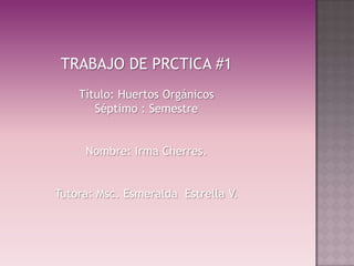 TRABAJO DE PRCTICA #1
    Título: Huertos Orgánicos
       Séptimo : Semestre


     Nombre: Irma Cherres.


Tutora: Msc. Esmeralda Estrella V.
 