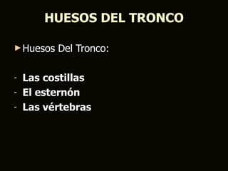 HUESOS DEL TRONCO

► Huesos   Del Tronco:

- Las costillas
- El esternón
- Las vértebras
 