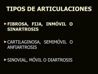 TIPOS DE ARTICULACIONES

► FIBROSA,
         FIJA, INMÓVIL O
 SINARTROSIS

► CARTILAGINOSA,    SEMIMÓVIL O
 ANFIARTROSIS

► SINOVIAL,   MÓVIL O DIARTROSIS
 