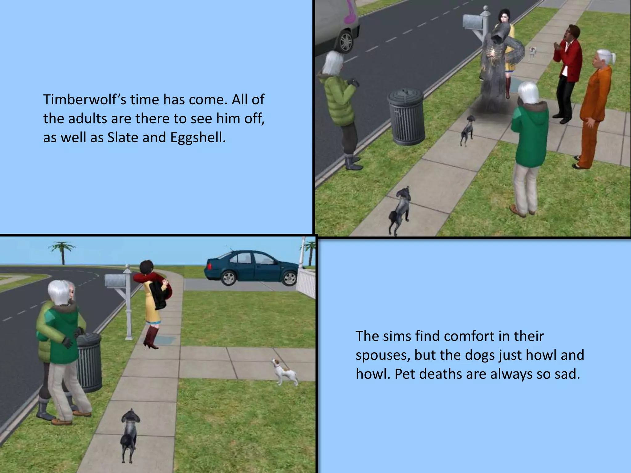 Timberwolf’s time has come. All of
the adults are there to see him off,
as well as Slate and Eggshell.
The sims find comfort in their
spouses, but the dogs just howl and
howl. Pet deaths are always so sad.
 