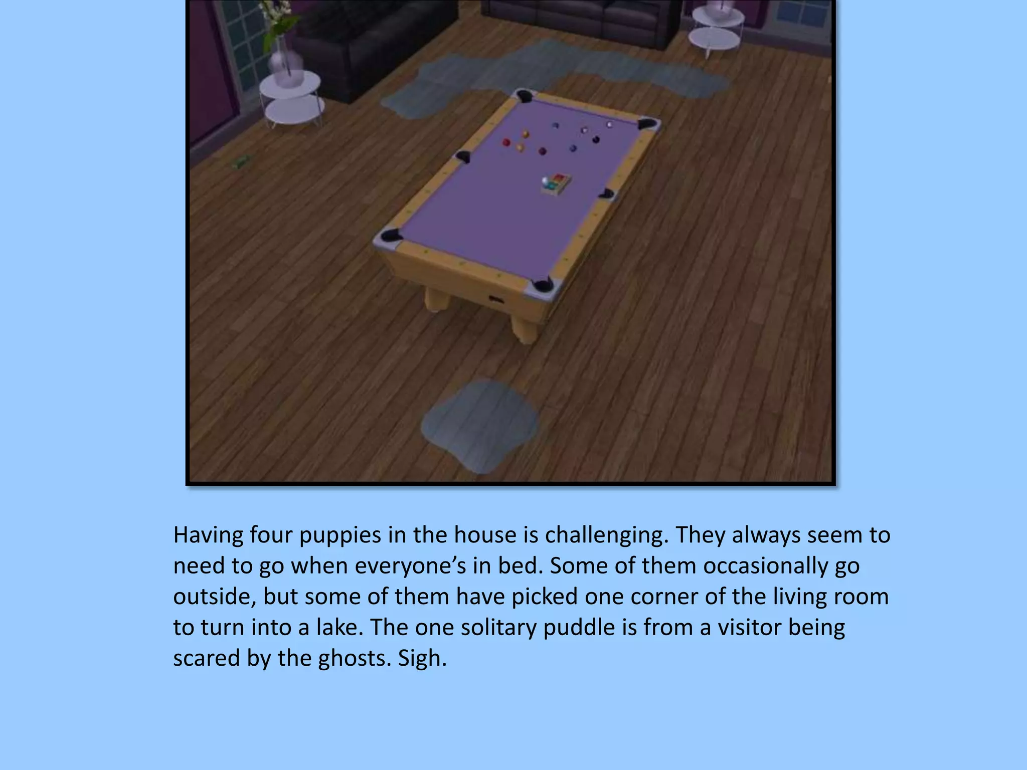 Having four puppies in the house is challenging. They always seem to
need to go when everyone’s in bed. Some of them occasionally go
outside, but some of them have picked one corner of the living room
to turn into a lake. The one solitary puddle is from a visitor being
scared by the ghosts. Sigh.
 