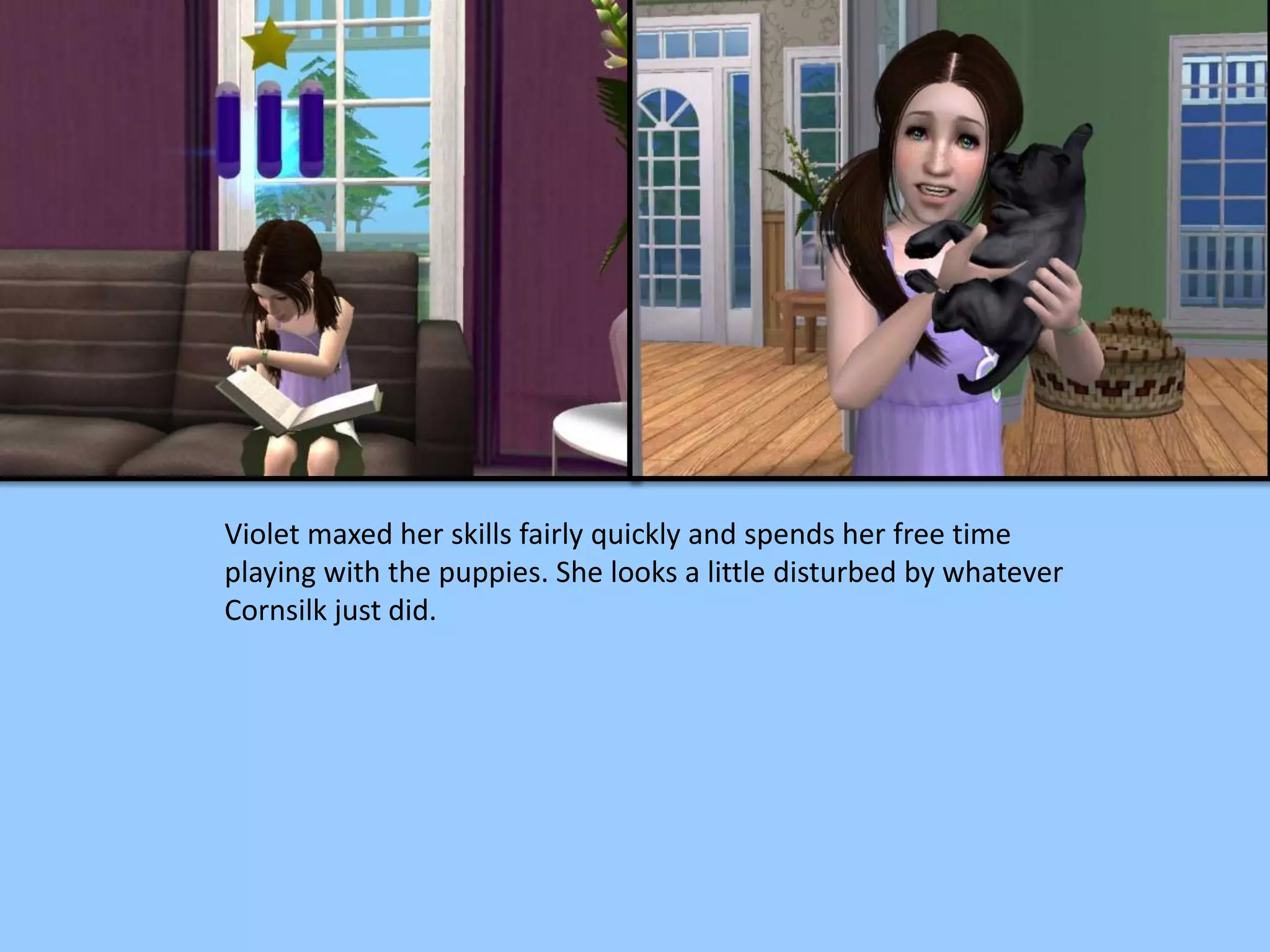 Violet maxed her skills fairly quickly and spends her free time
playing with the puppies. She looks a little disturbed by whatever
Cornsilk just did.
 