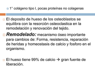 1° colágeno tipo l, pocas proteínas no colagenas El deposito de hueso de los osteoblastos se equilibra con la resorción osteoclastica en la remodelación y renovación del tejido.Remodelado: mecanismo óseo importante para cambios de: Forma, resistencia, reparación de heridas y homeostasis de calcio y fosforo en el organismo.El hueso tiene 99% de calcio  gran fuente de liberación.